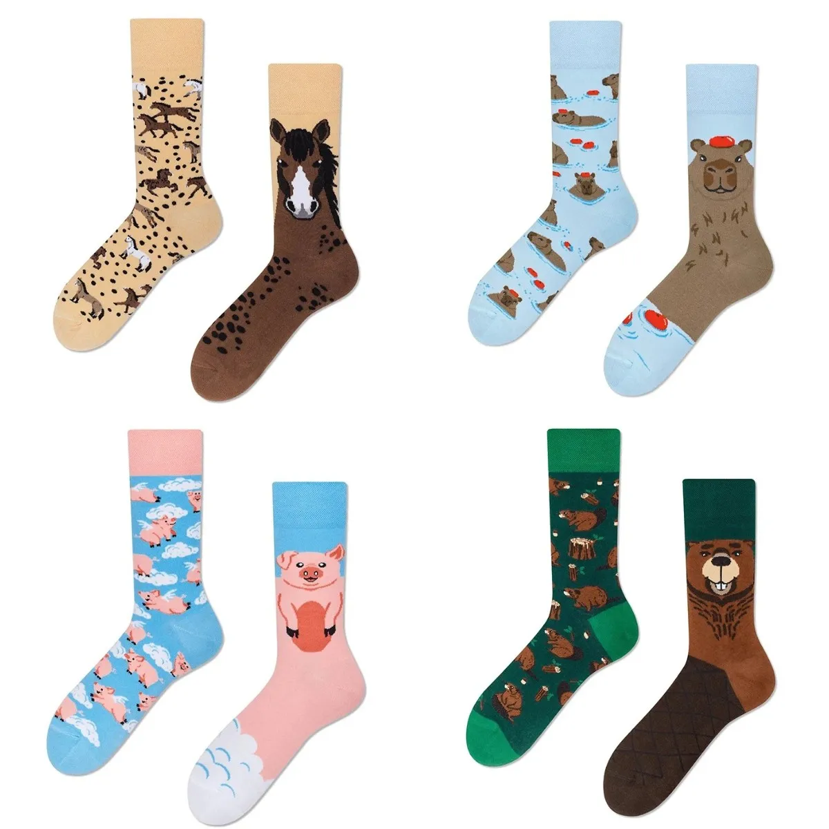 Chaussettes en coton unisexe pour femmes et hommes, chaussettes fantaisie, chaussettes colorées, animaux de dessin animé drôles, tendance AB, chaussettes mignonnes, cadeaux chics Harajuku, ensemble de 4 paires