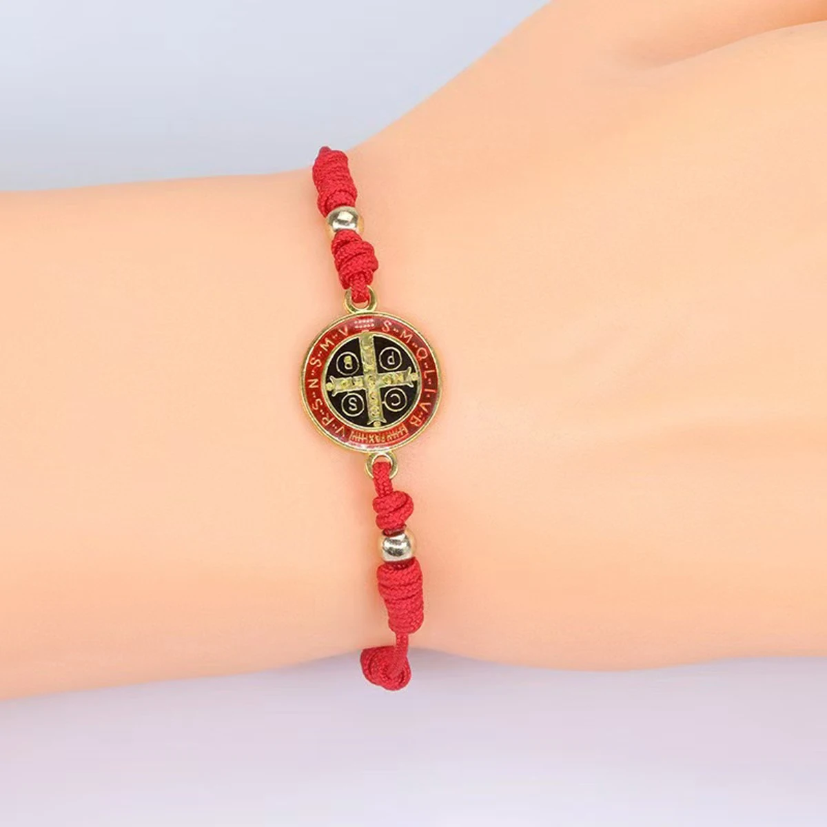 1/6-Piece Set of Red Rope Woven Saint Benedict Bracelet, Religious Prayer to the Virgin Mary, Adjustable for Both Men and Women