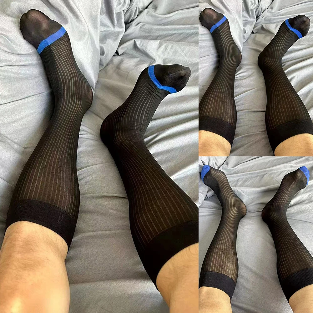 Nuevos calcetines cómodos y elegantes a la moda para hombre, calcetines de negocios transpirables y sedosos transparentes a rayas para hombre, cómodos