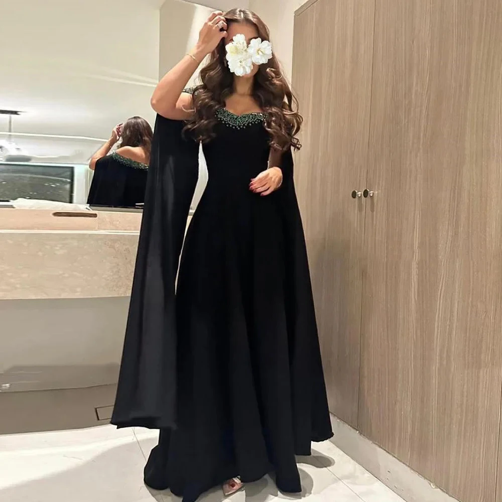 

Customized Yipeisha Fashion Black Jersey Evening Dresses Strapless Off the Shoulder A-line Floor Length Draped beading Long Prom