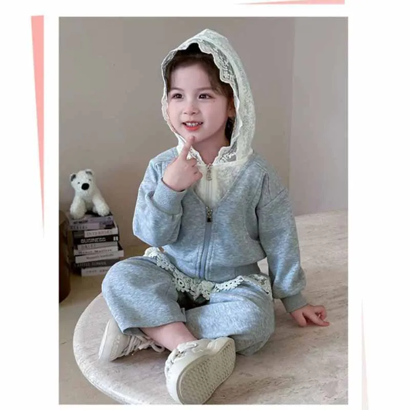 Kids Autumn Suits Children Fashion Comfortable Lace Hooded Coats Trousers 2Pcs Girls Outdoor Trend Loose Sweatshirt Sets 2-8Y