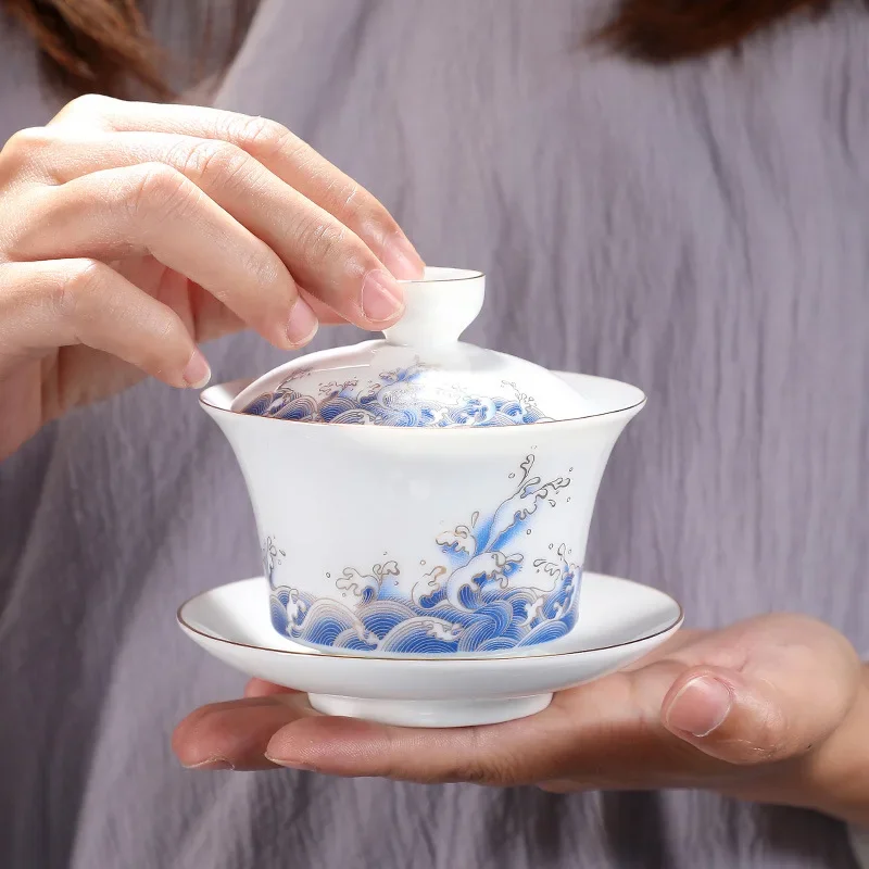 Xícaras de chá estilo chinês, porcelana azul e branca Gaiwan, tureen cerâmica de jade branca, tigela de onda do mar, 170ml