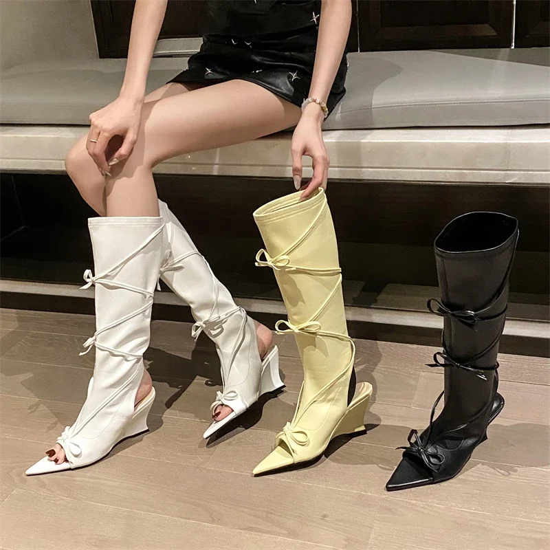 Eilyken Design Butterfly-knot Knee-High Women Boots Sandal Sexy Pointed Peep Toe Wedges Heels Hollow Out Long Shoes