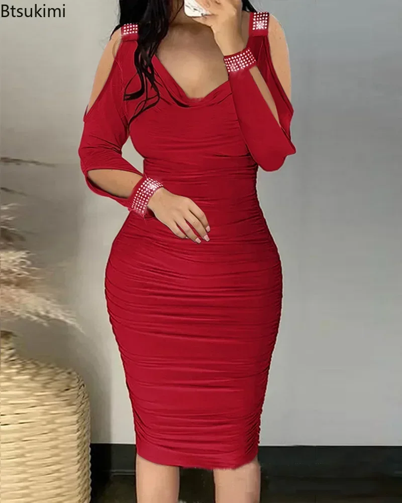 

2024Women's Sexy Elegant Off Shoulder Party Tight Dress Red Color V-Neck Hollow Out Diamond Long Sleeve Stacked Slim Dress Women