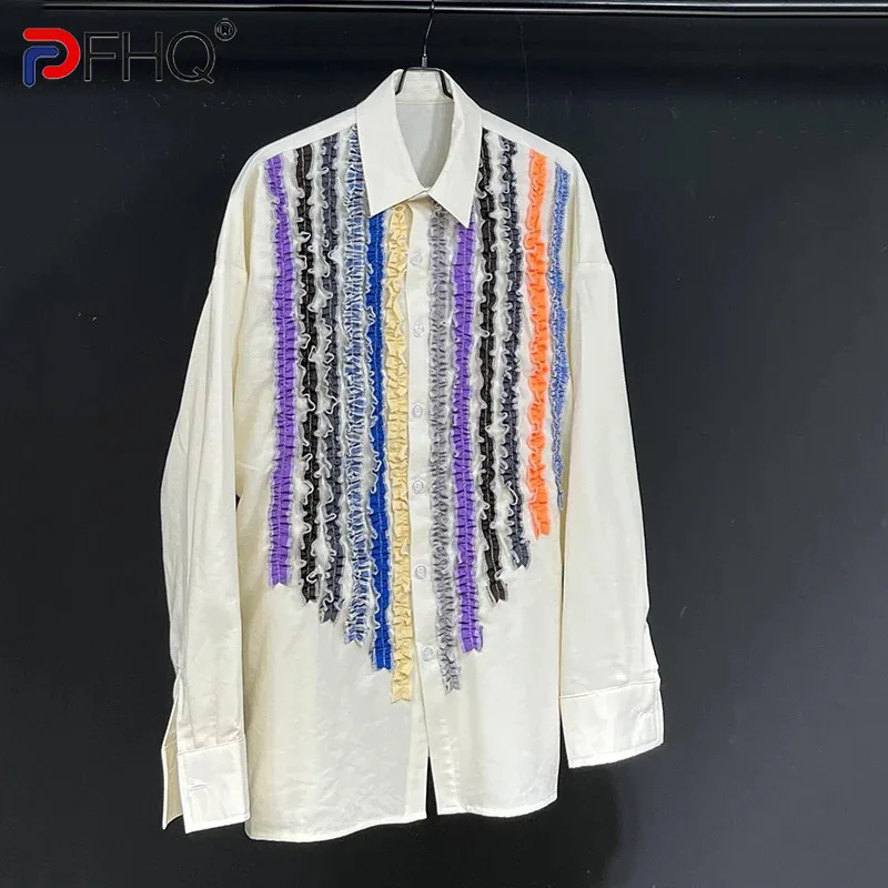 

PFHQ 2024 Autumn New Beige Pleated Niche Irregular Shirt Loose Slimming Long Sleeved Top Contrast Color Male Tops 21Z6085