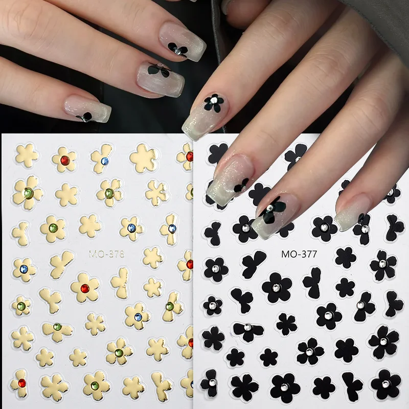 3D Black Flower Sticker Nail Decals Charms Simple Flowers White Nail Art Decoration Manicure Adhesive Gel Sliders Nails Designs