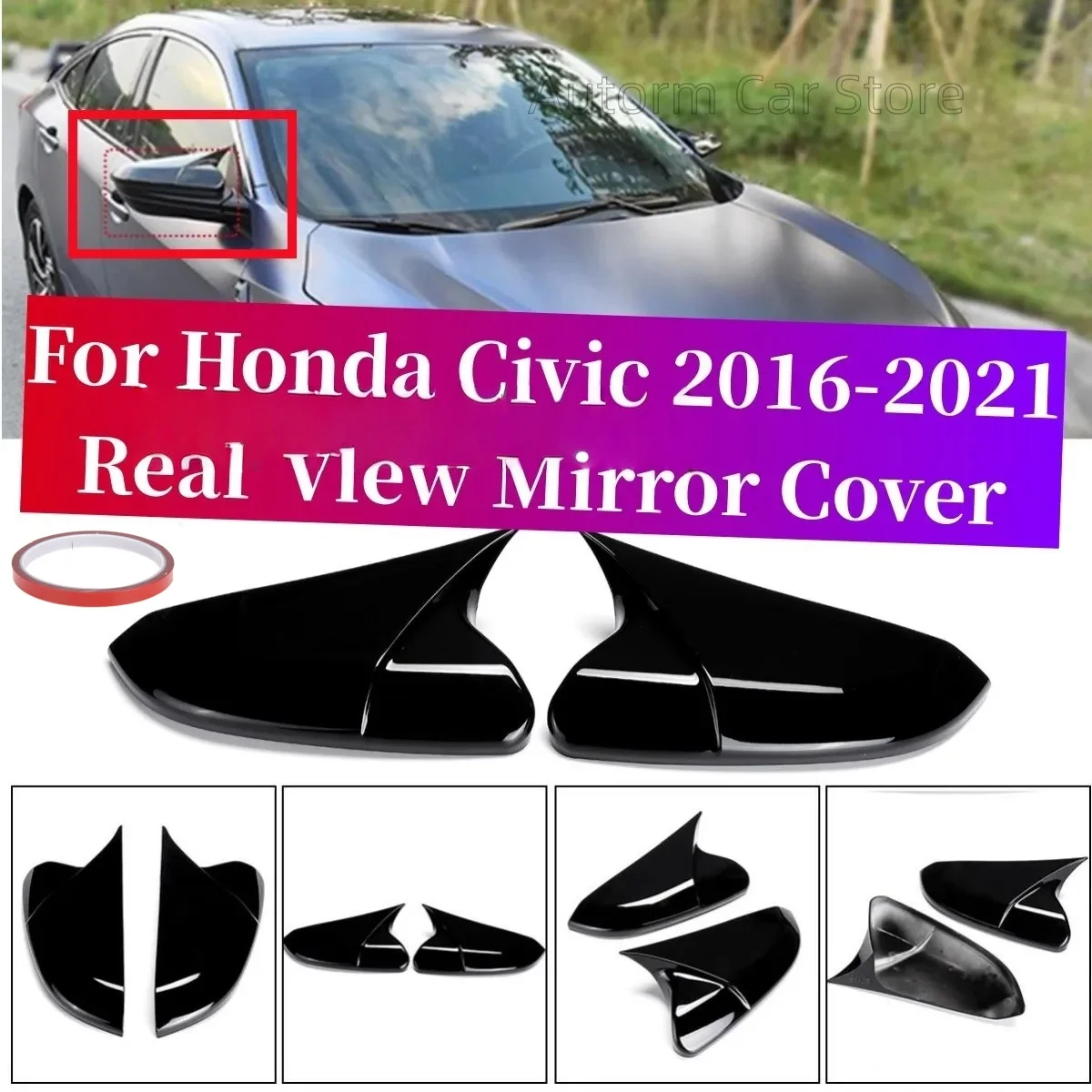 غطاء مرآة الرؤية الخلفية باللون الأسود اللامع غطاء باب السيارة الجانبي لهوندا سيفيك 2016-2020 غطاء الجناح الجانبي 76251-TBA-A11ZF #1
