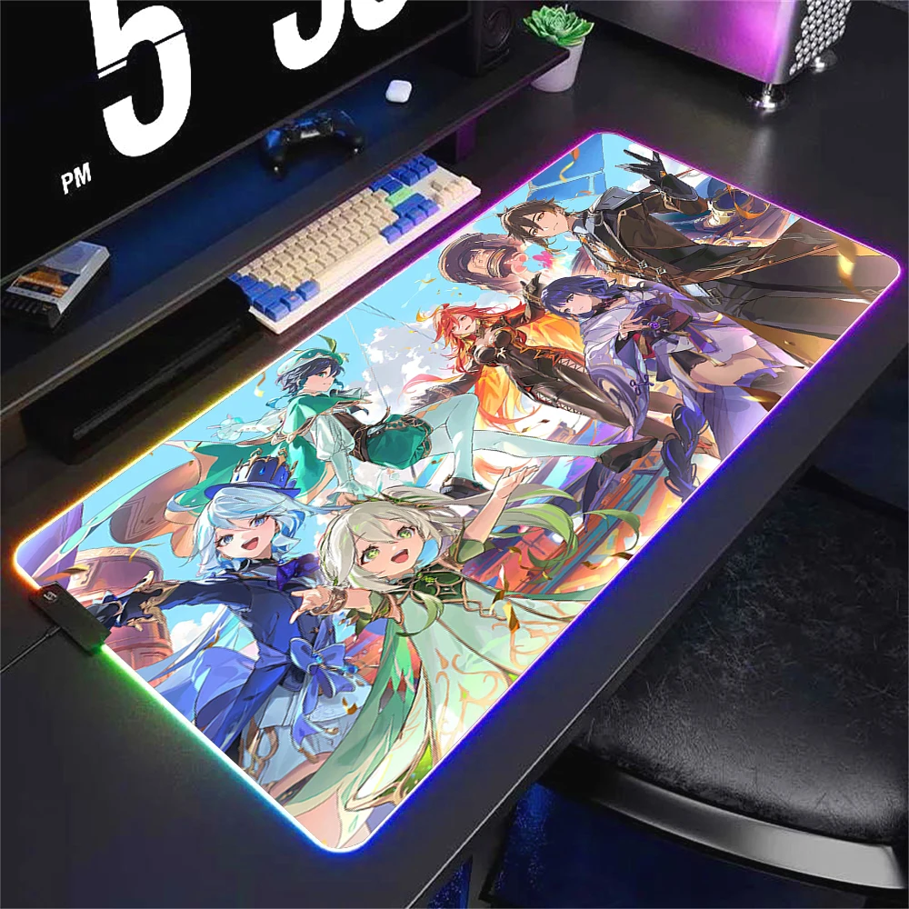 

Genshin Impact Настольный коврик для ПК Gamer Rgb Коврик для мыши Led Аниме Kawaii Коврик для мыши для девочек с подсветкой Резиновый нескользящий коврик для мыши 90x40 см