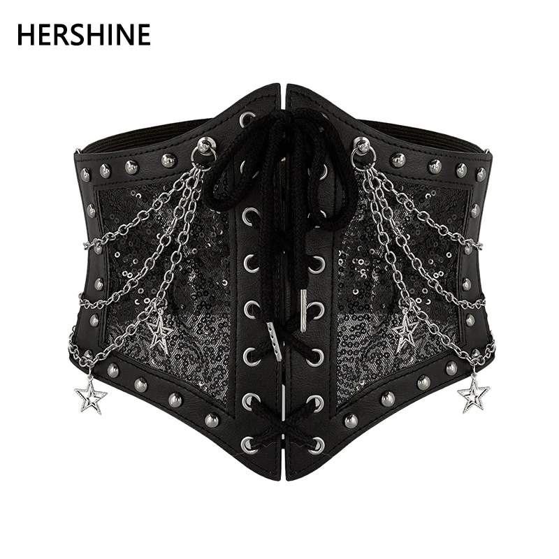 

HERSHINE женский черный кружевной цепочка Y2K, эластичный широкий пояс, готический, Harajuku, аксессуар в стиле панк, рок и хип-хоп, весна, лето