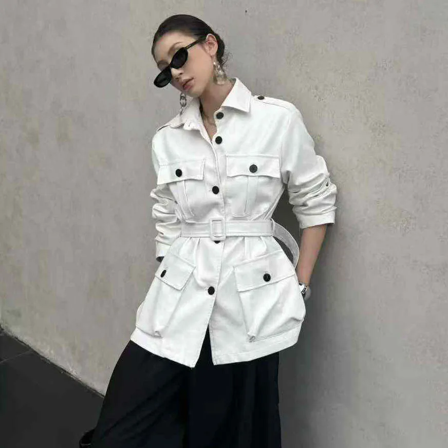 RU Korean Fashion Ladies Belted Jacket Lapel Multi Flap Pockets Long Sleeve Outerwear For Autumn Daily Street Style