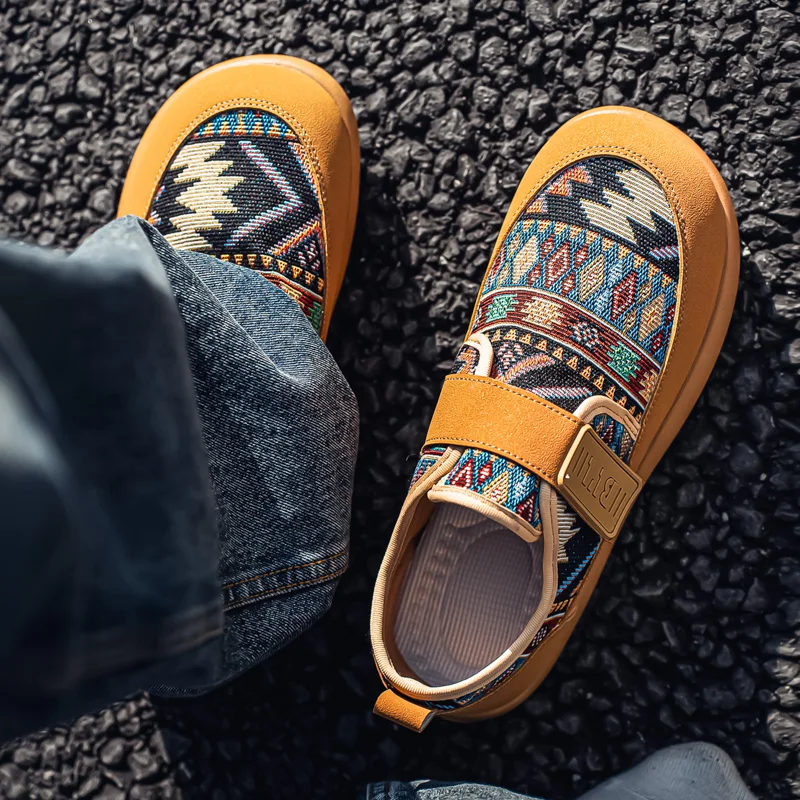 Men's Casual Fashion Sneakers Retro Print Canvas Shoes Work Soft Bottom Bean Bean Shoes Magic Stick Thick Bottom Birkenshoes