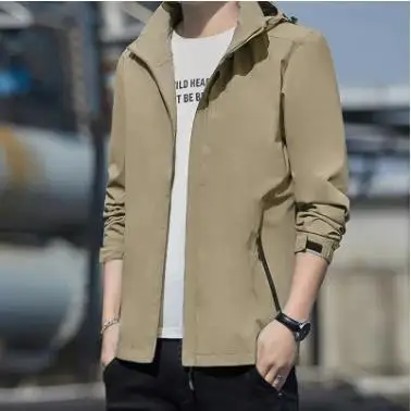 Men's Spring Autumn Casual Waterproof Windproof Jacket Detachable Sports Hooded Trench Coat Travel Wear Windbreaker