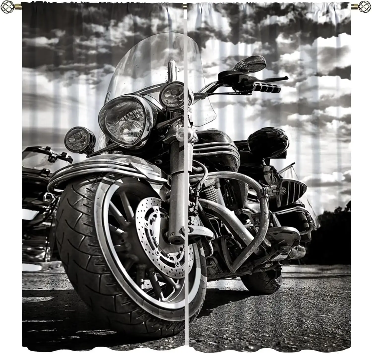 Motorbike Curtains for Man Cave, Vintage Wild Classic Motorcycle Extreme Sports Black White Decor Backdrop Window Treatments,