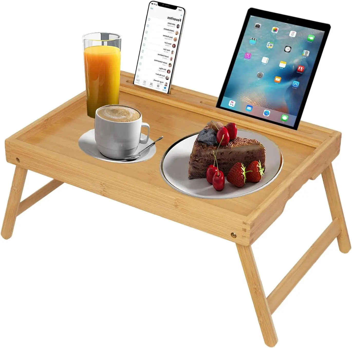 

Bamboo Bed Tray Table with Folding Legs, Breakfast Tray with Media Slot, Laptop Desk, Serving Platter