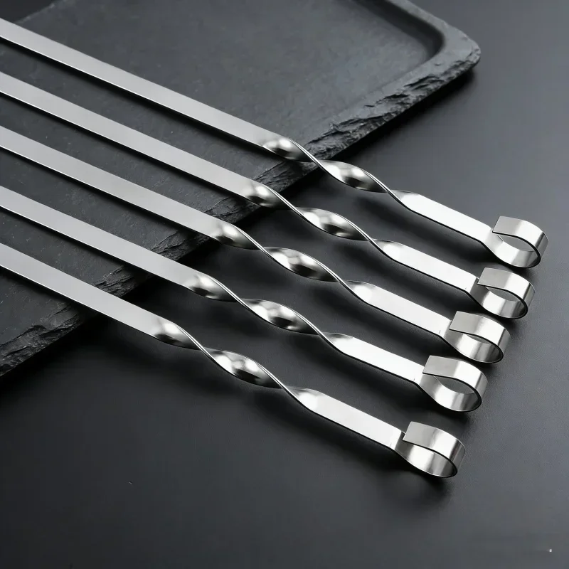 Wide Flat Stainless Steel BBQ Skewer 6Pcs Barbecue Sticks Fork Outdoor Camping Picnic Kitchen Grill Tool Accessories Supply Set