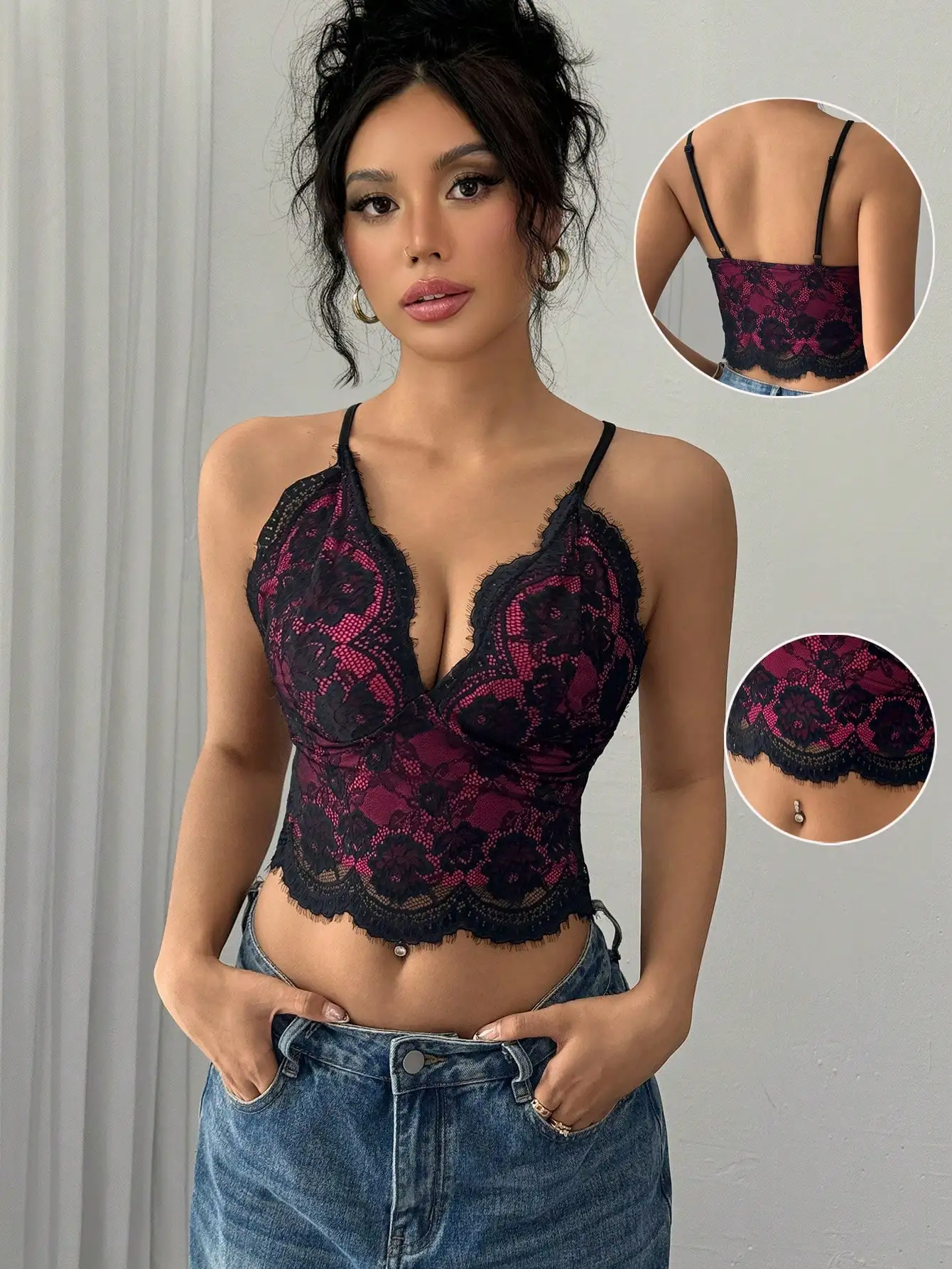 

Sexy and fashionable inner wear deep V-neck lace edge fabric black rose red contrasting four seasons ladies suspender vest