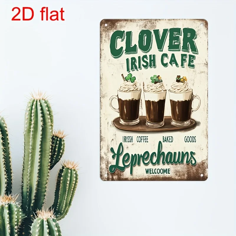 Vintage Metal Wall Sign - Clover Irish Cafe Retro Decor with Coffee Slogans, Rustic  Durable Metal Art, Pre-Drilled for Easy H
