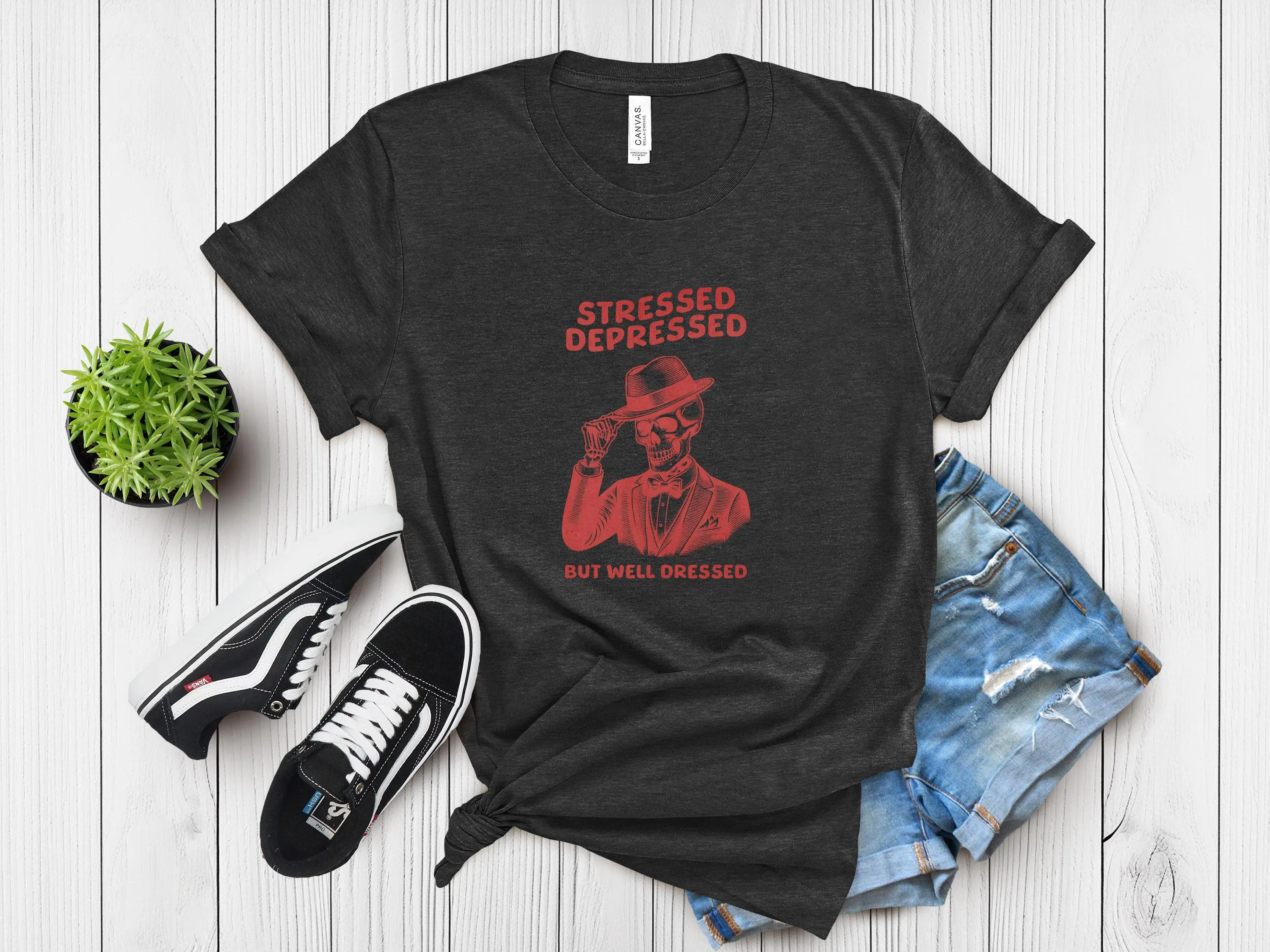 Depressed Stressed But Well Dressed T Shirt Funny Sarcastic Vintage Skeleton Weirdcore Y2K Baddie Cursed for Men and Women