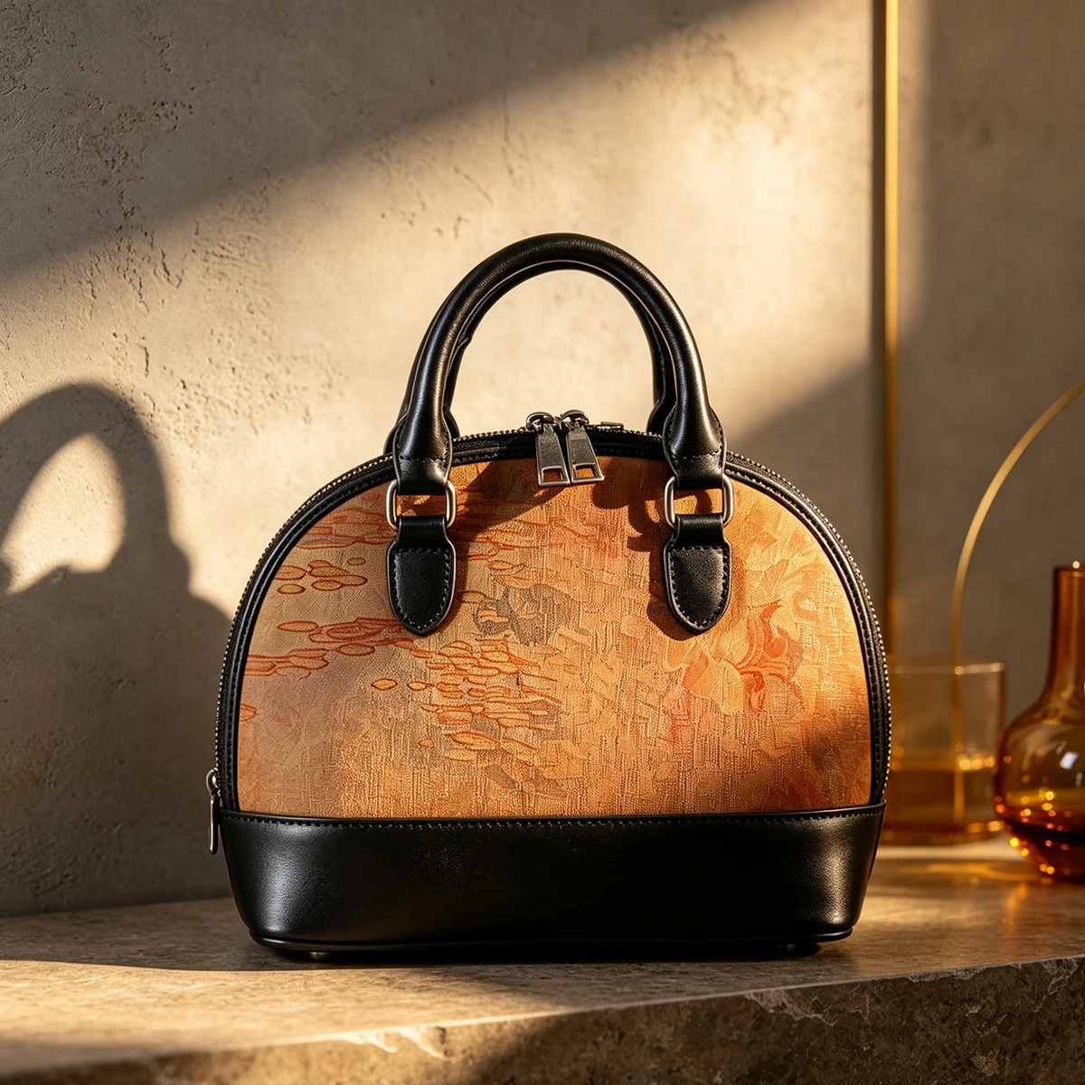 New Chinese Style Satin & Genuine Leather Shell Handbag Retro Top Handle Bag for Wome