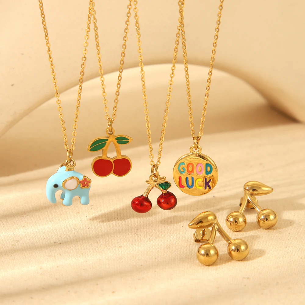 Cute Stainless Steel Metal Chic Cherry Stud Earrings Colorful Elephant Good Luck Pendant Water Resistant Necklace for Girls Gift
