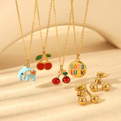 Cute Stainless Steel Metal Chic Cherry Stud Earrings Colorful Elephant Good Luck Pendant Water Resistant Necklace for Girls Gift