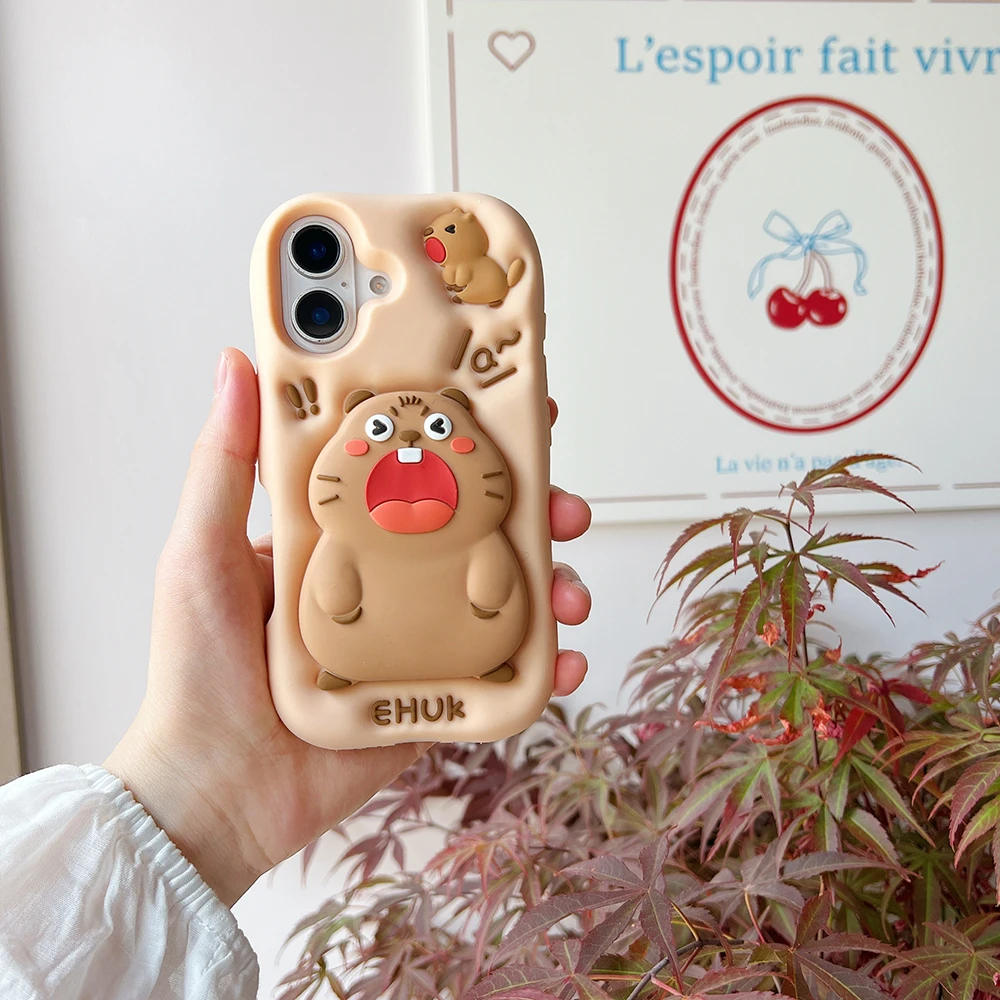 Lustige 3D-Tiere Capybara Teleskophalterung Hülle für iPhone 16 Plus 15 14 13 11 12 Pro Max Weiche Silikon-Ständerhalter-Abdeckung – Detail 9
