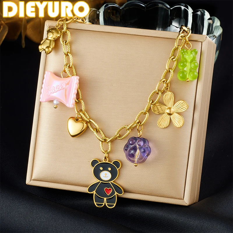 DIEYURO 316L Acero inoxidable negro lindo esmalte oso corazón caramelo flor collar señora nueva moda cuello cadena joyería de vacaciones