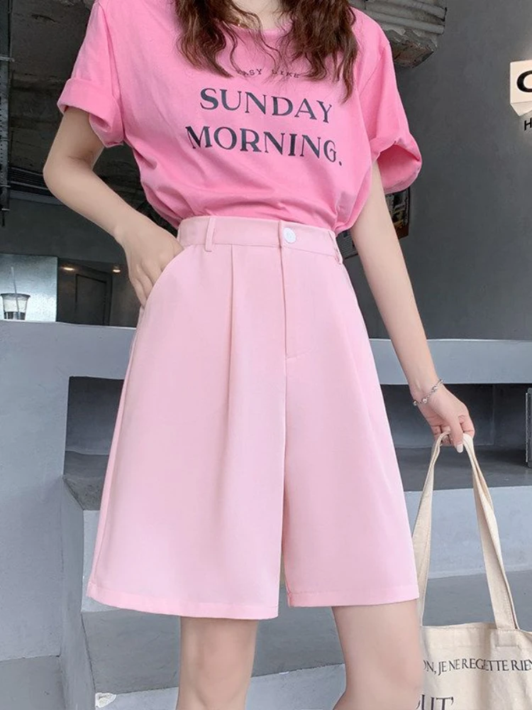 Black Suit Shorts Loose Elastic Waist Slim Thin Women\'s Summer Shorts Casual High Waist Solid Straight Wide Leg Ice Silk Pants