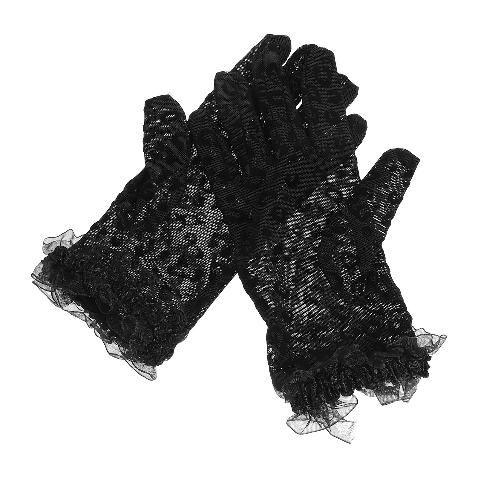 2 قطعة قفازات طباعة الفهد: شبكة سوداء من التول شفافة قصيرة المعصم لحفلات الزفاف وحفلات الزفاف والشاي المسائية إكسسوار أزياء عتيق