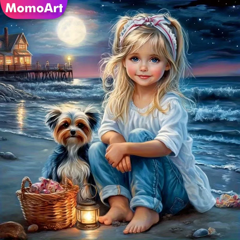 Momoart 5D DIY Diamantmalerei Mädchenporträt Cartoon Vollquadrat Runddiamant Mosaik Hund Kreuzstich-Set Wanddekoration