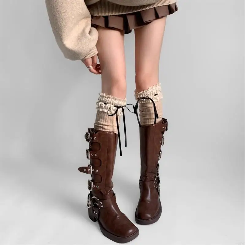 L5YC Women Japanese Student Winter Warm Cotton Over Knee Long Socks Elegant Ruffled Lace Top Bowknot Thigh High Stockings