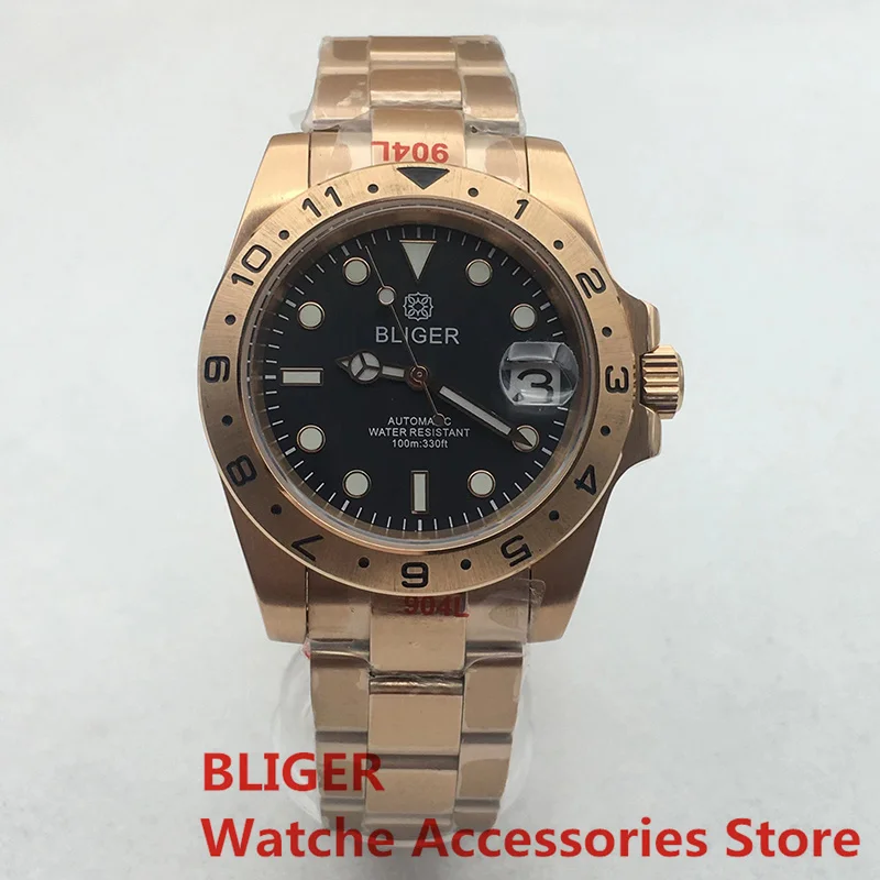 BLIGER Rose Golde 40mm NH35 Automatic Movement Black Logo Dial Stainless Steel Sapphire Glass Bead Strap Men Watches
