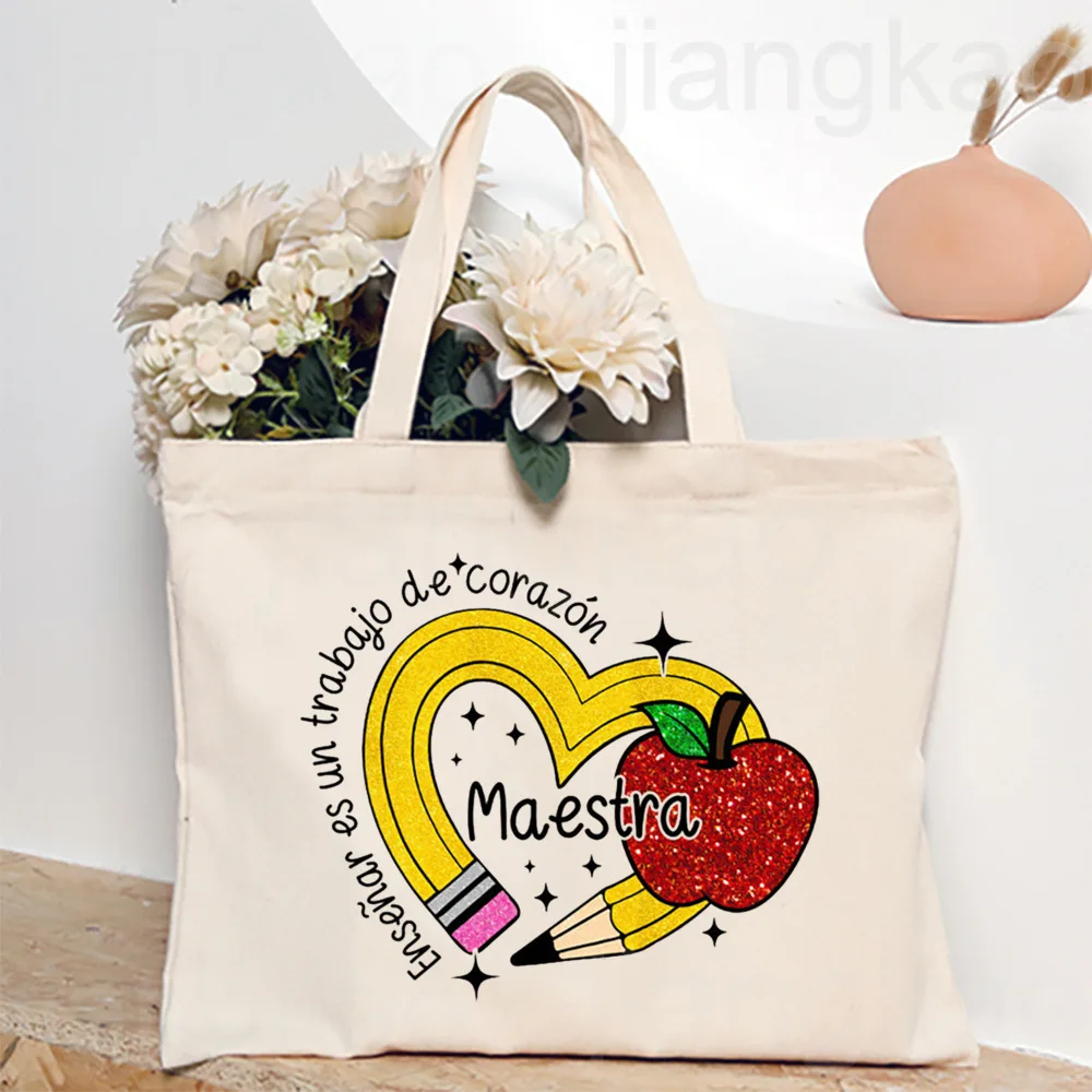 Maestra-Sac fourre-tout imprimé cœur espagnol pour femme, sac à provisions de la vie des enseignants, cadeau de rentrée scolaire, initié à la vie des enseignants