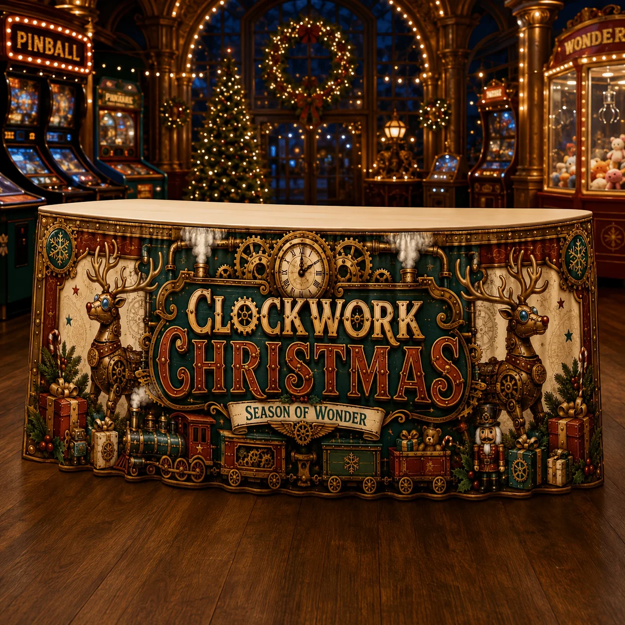 A Steampunk Table Dress with Mechanical Reindeer and Steam Train Gear Prints - Vintage Clockwork Nutcracker Table Cover