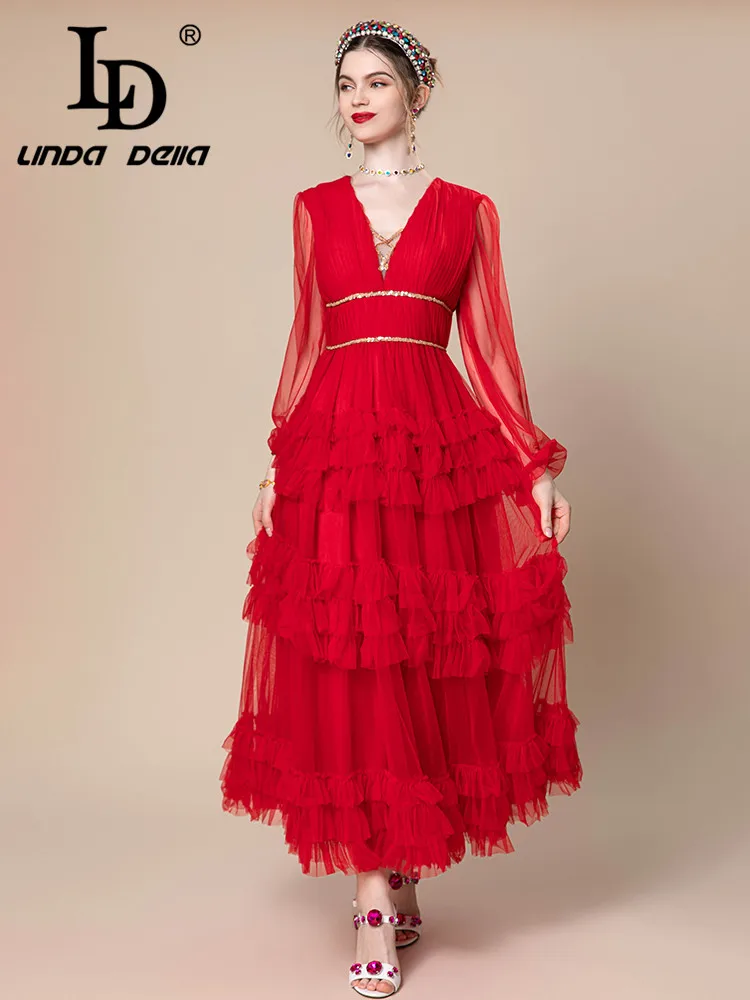 

LD LINDA DELLA Summer New Style Elegant Pretty Dress Women's Red V-Neck Mesh Nail Bead Splice Cascading Lace Cake dress