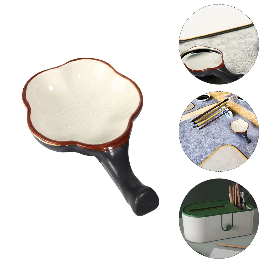 

2 Pcs Tray Ink Brush Holder Ceramic Plate Calligraphy Painting Bowl Floral Design Water Dish