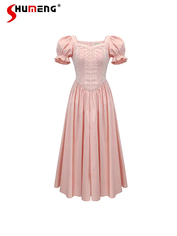 

French Romantic Woman Summer Dresses Elegant 2023 New Sweet Short Puff Sleeve Square Collar Slimming Mid-length Dress for Women