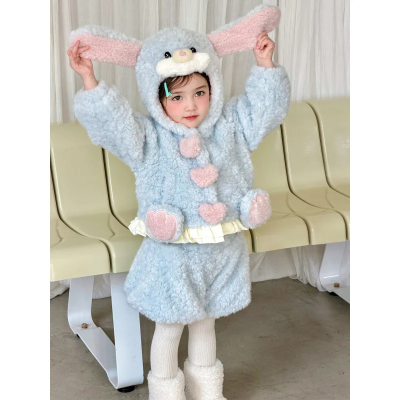 

Girls' Winter Outfit Set25New Children's Thickened Rabbit Ear Furry Sweater Coat for Girls, Stylish and Warm with Flower Bud Pan