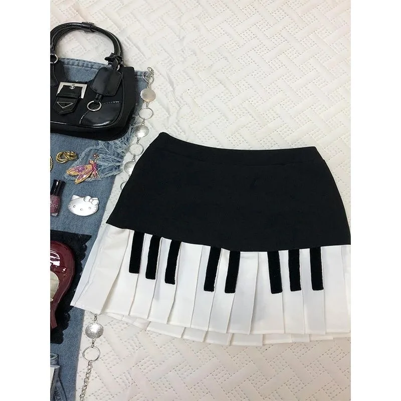 

Винтажная юбка с принтом пианино, женская, черно-белая, плиссированная, мини-юбка Y2K в стиле Харадзюку, с завышенной талией, узкая короткая юбка для женщин
