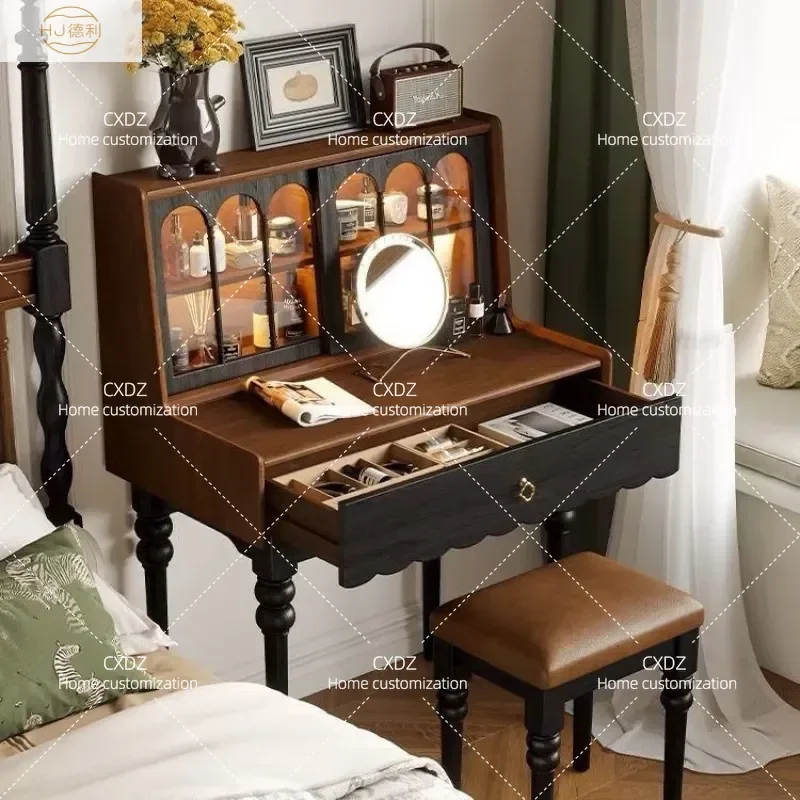 Retro Solid Wood Dressing Table for Small Bedroom Narrow Simple Light Luxury Vanity with Storage Compact Makeup Desk