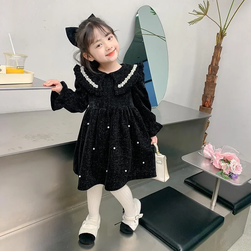 Girl Dress Kids Party Birthday Evening Gown 2023 Red Wine Winter Autumn Cotton Plus Thicken Flower Girl Dress Teenagers Children