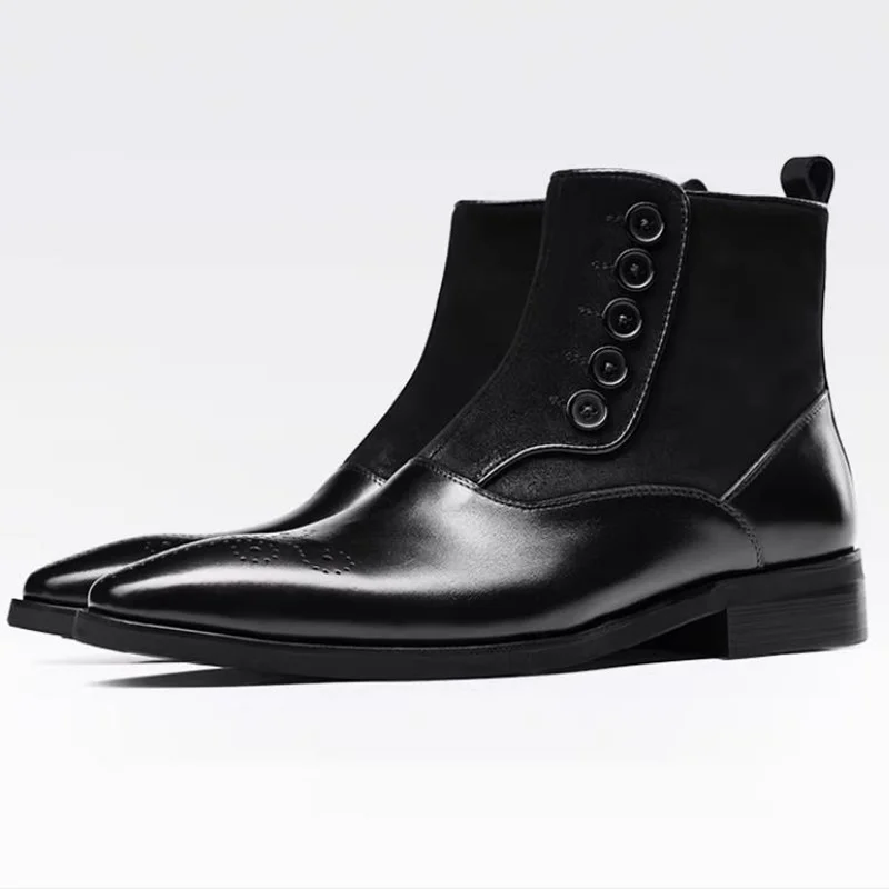 High-end Men's Cowhide Chelsea Boots Italian Men Knight Boots Man Dress Boots Buckle Button Work Boots Pointed Toe Shoes Men view 3