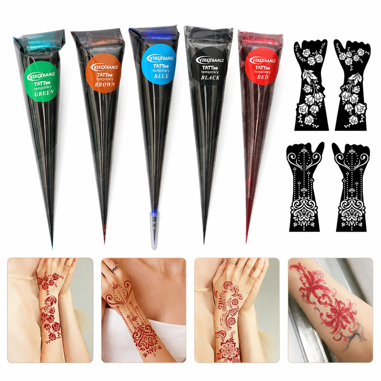 2 /4 Colors Temporary Tattoo Paste Kit Full Hand Henna Stencils Black Red Mehndi Cones DIY Body Art Festival Party Makeup Kit