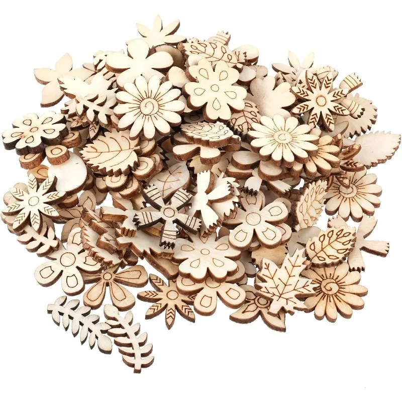 50 Stück 2,5 cm hölzerne Blumen- und Blattmuster-Ausschnitte zum Basteln, Mini-unlackierte Holzstücke für DIY-Schmuck, Heimdekoration