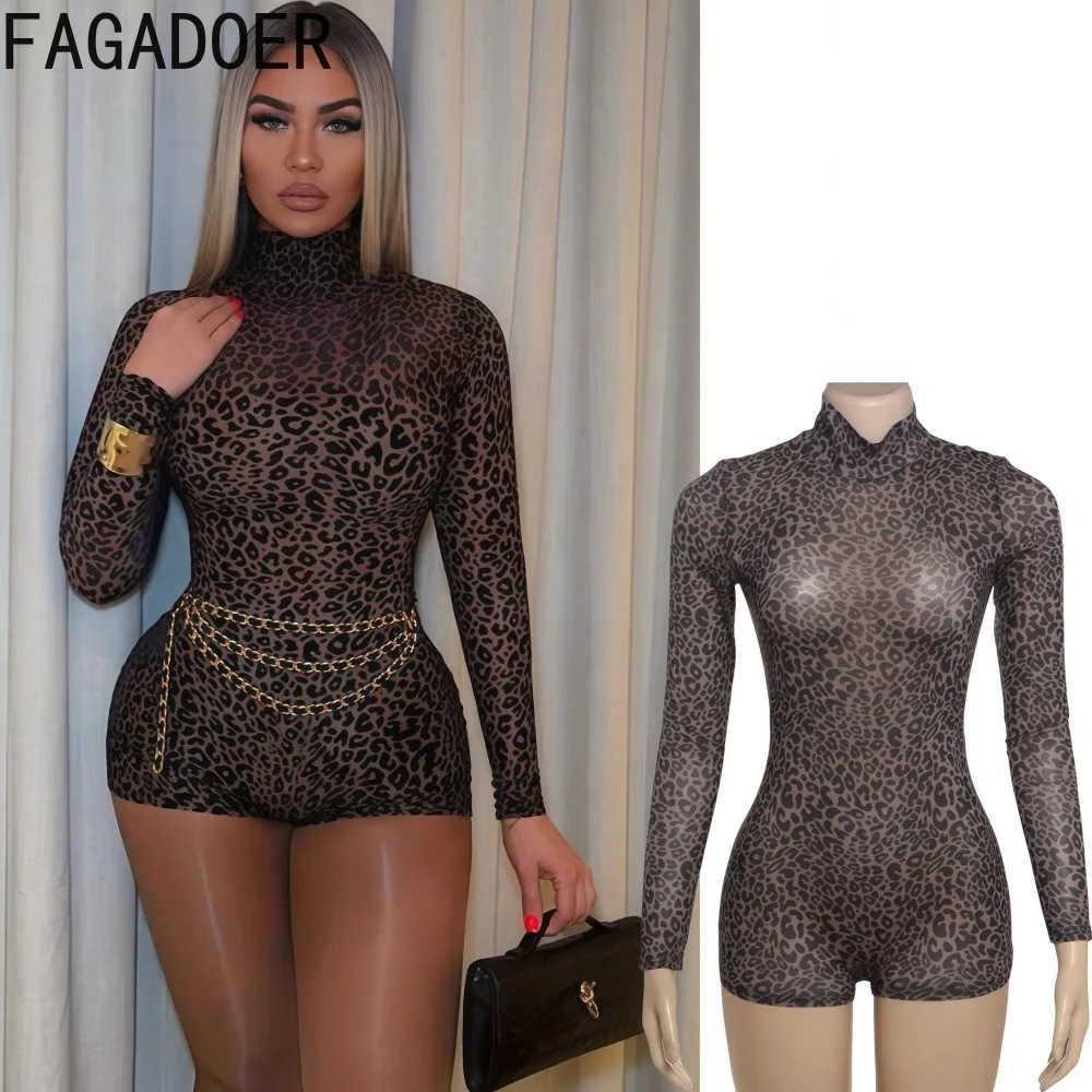 

FAGADOER Sexy Mesh Leopard Print Romper Women See Through Long Sleeve Skinny Jumpsuits Female Midnight Clubwear Overalls New