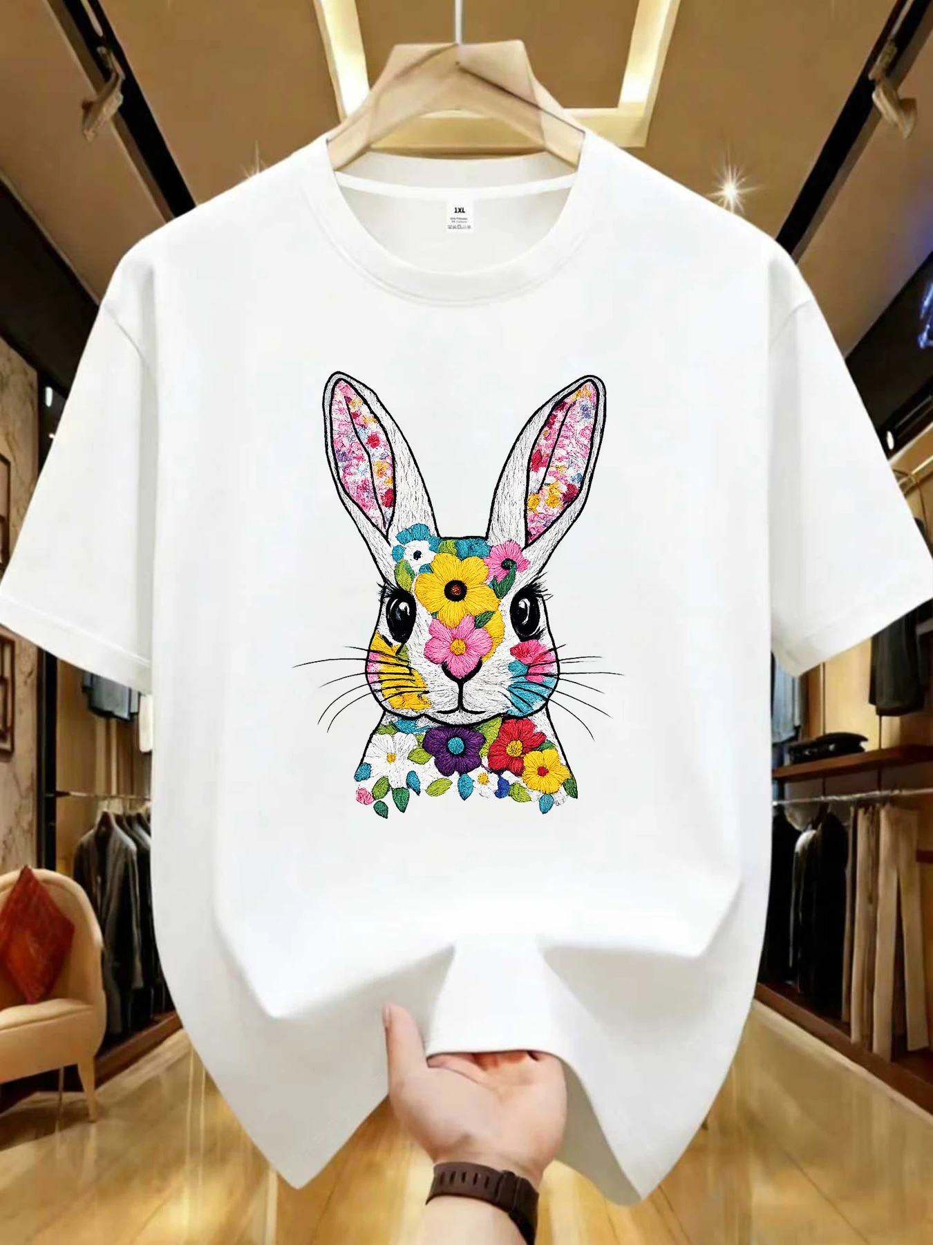 

【WZM104175】Creative rabbit print plus size women's round neck summer casual short sleeved street fashion versatile T-shirt