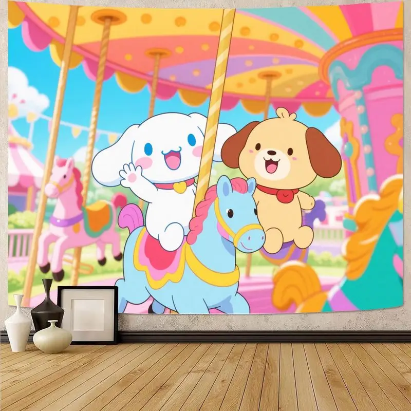 

1PC Sanrio Cinnamoroll Pochacco Kawaii Pink Blue Fun Carousel Tapestry Aesthetic Wall Art Decor for Girls Kids Bedroom Living Ro
