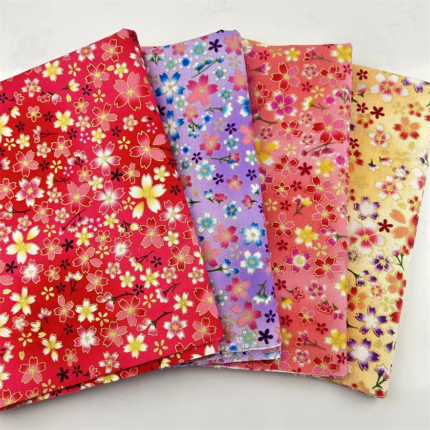 New Japanese Style Kimono Bronzed Cotton Fabric Gilding Flower Printed Cheongsam Cloth for Dress Patchwork DIY Handmade Material