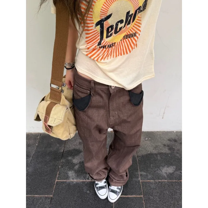 26SS Brown Original Cow Pocket Suede Splicing Paris Buckle A-shaped Version Straight Denim Trousers Men and Women The Same Style