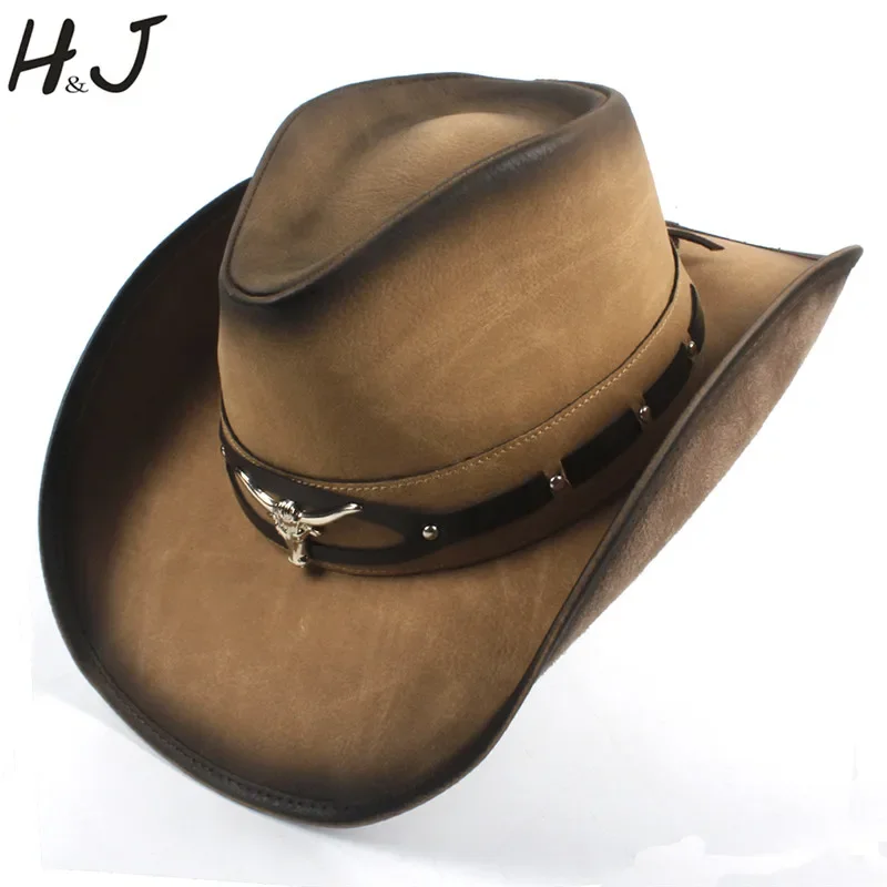 100% Leather Black Men Western Cowboy Hat For Gentleman Dad Cowboy Sombrero Hombre Caps Godfather Hats Big Size XXL Dropshipping